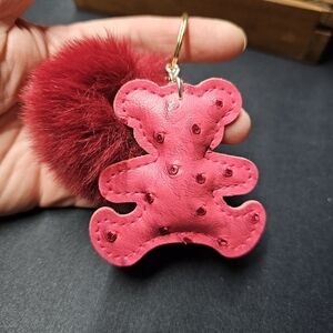 Pink Teddy Bear Ostrich Skin Leather Keychain with Red Pom Pom NEW